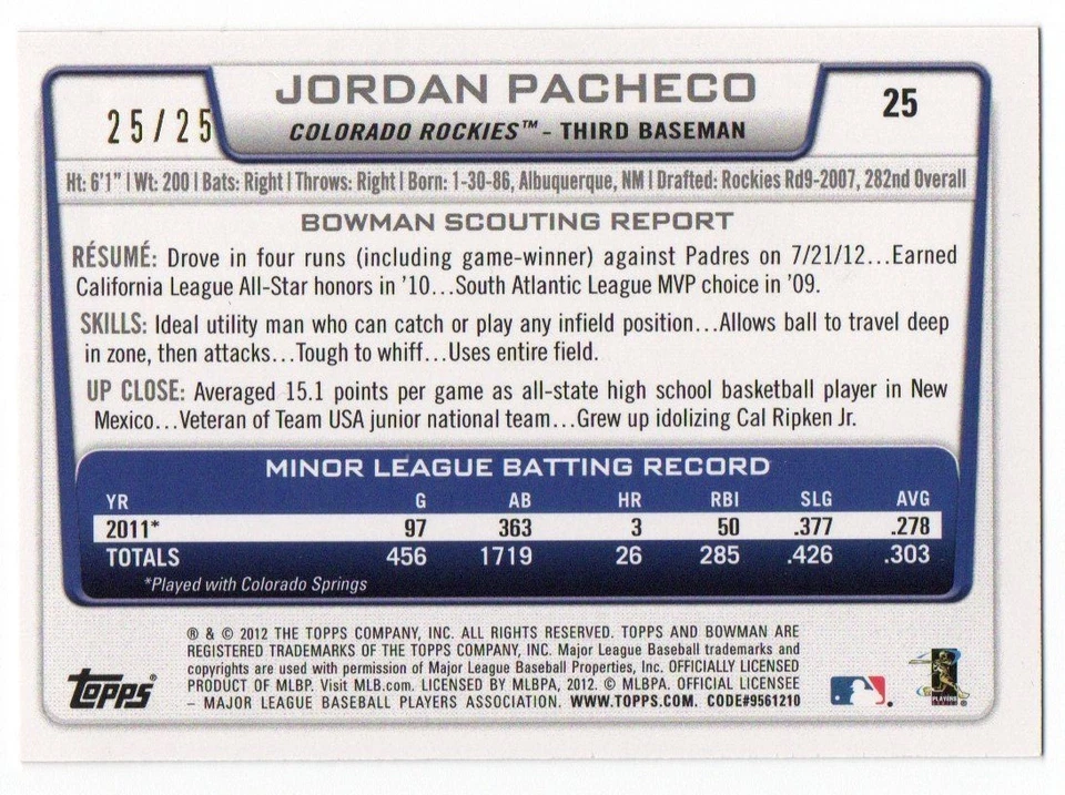 Bowman Draft Red Ice 25 2012 Jordan Pacheco novato 25/25 1/1? Colorado Rockies Foto 2 de 2