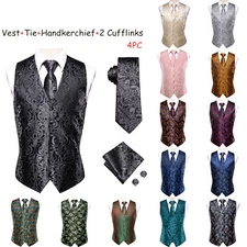 Mens Waistcoat Black Blue Red Paisley Dress Vest Neck Tie Hankie Set Suit Tuxedo