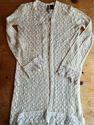 Heart N Crush Women's Beige Lace Open Front Long Cardigan Size Small B23