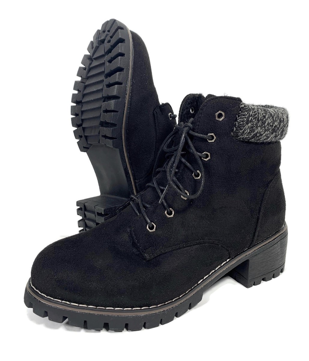 Women's Round Toe Fur Lined Warm Chunky Heel Faux Suede Lace Up