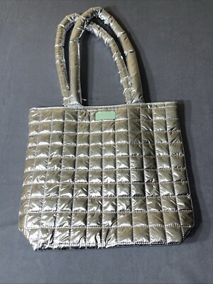 NEW CLINIQUE Rare Large Silver Green Tote Bag Puff Puffer shoulder straps winter
