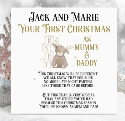 JUST TOYS ONLINE Personalised First 1st Christmas as Mum and Dad Card, Mummy and Daddy Xmas Poem