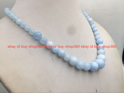 6-14mm Light Blue Brazilian Aquamarine Gems Round Beads Necklace