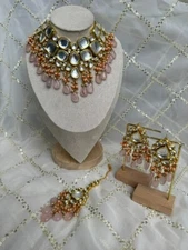 Peach Pink Polki Necklace, Earrings, & Tikka Set Bollywood Style, Indian Bridal