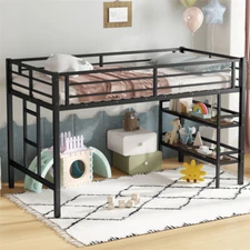 Twin Size Metal Loft Bed w/Storage Shelfes & Easy Climbing Ladder for Kids,Black