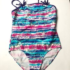 Girls Swimsuit Size 12 One Piece Pink Purple Silver Glitter Tie Dye Peace Signs