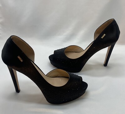 LIU JO AURA BLACK SATIN SWAROVSKI OPEN TOE HEELS PUMPS SIZE 1/2 41