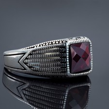 Red Ruby Gemstone Engraved 925 Sterling Silver Men's Ring