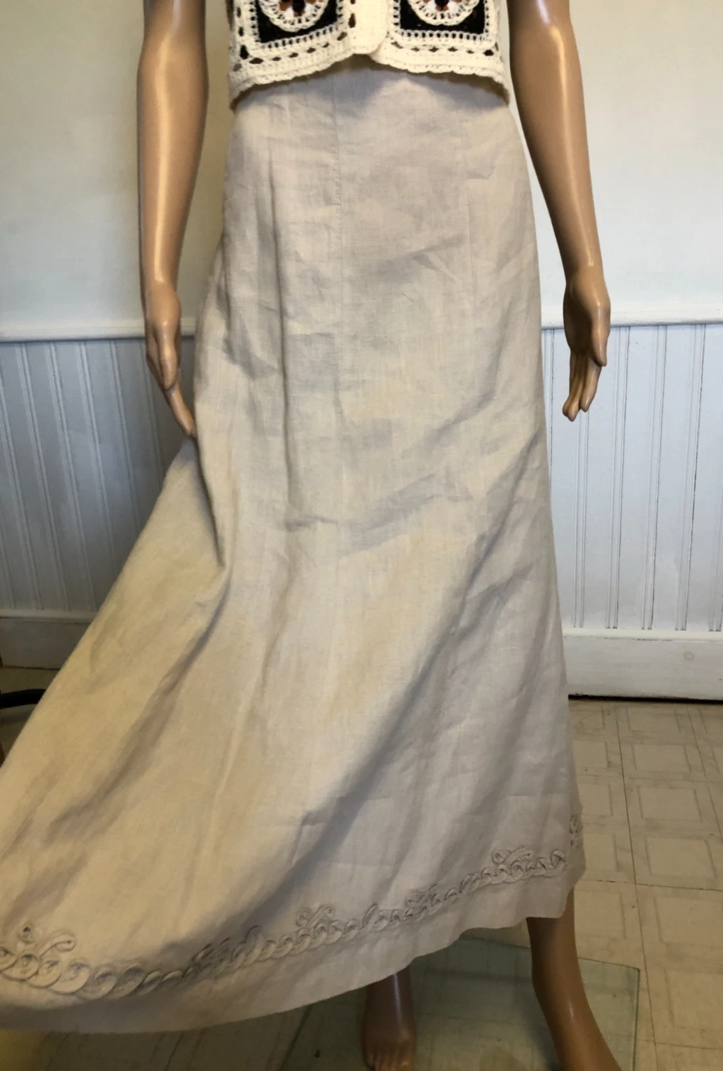 Carole Little Linen Midi Skirt Sz 8 Soutache Trim Boho Cottage Beachy Minimalist