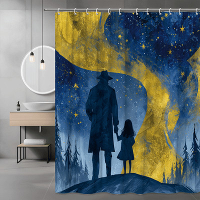 Blue Gold Starry Sky Silhouette Shower Curtain