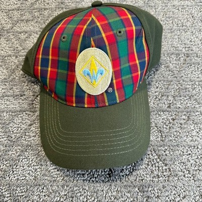 BSA Webelos cub scout Flex Baseball Cap Olive Green Plaid Scout Patch M