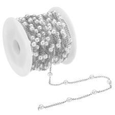 16 Feet Faux Pearl Beading Chain, 4mm Brass Chain Link Style 2, Silver