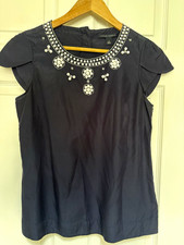 Banana Republic Navy Beaded Neck Silk Cotton Woven Blouse Short Sleeve S
