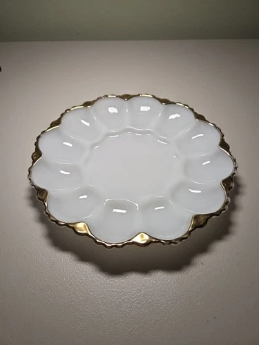 Vintage Anchor Hocking Fire King 10" Milk Glass Deviled Egg Oyster Plate 1950s