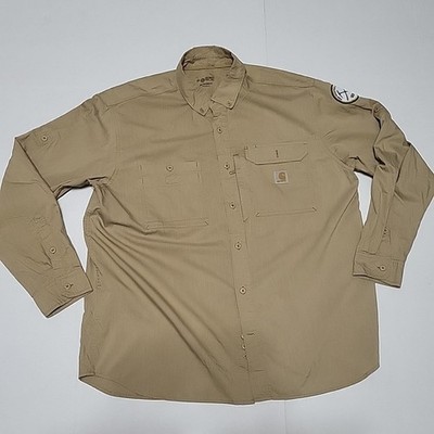 Carhartt Force Men s Beige Button Work Shirt XL PINE Mountain Gold Museum Patch