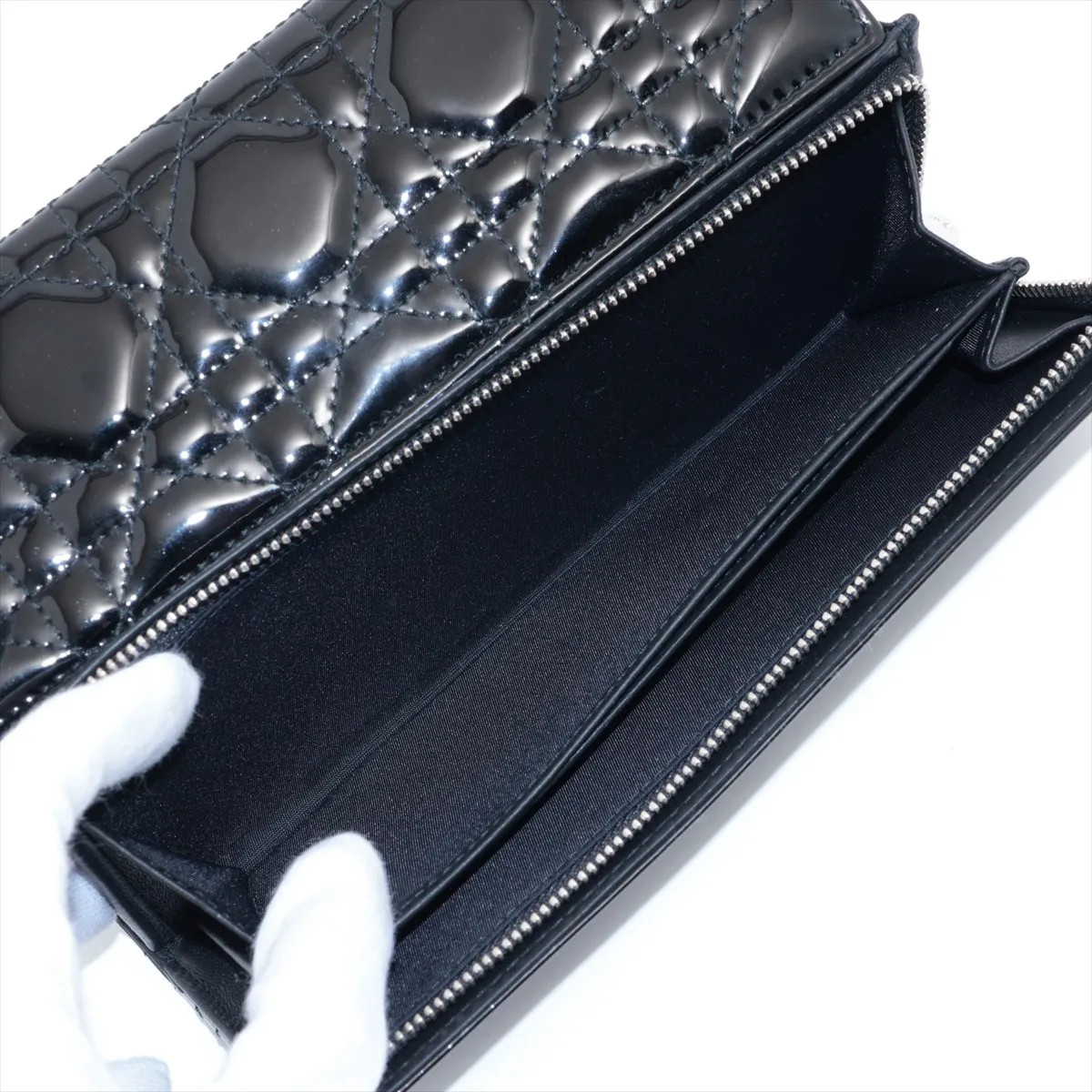 Dior Lady Dior Cannage Patent Leather Chain Wallet Black - # image 7