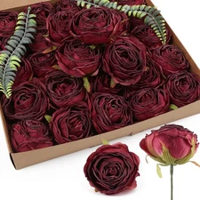 IPOPU Burgundy Flowers Artificial Rose Heads 25pcs Silk Flower Heads Bulk Dri...