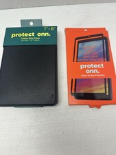 New Protect Onn Black Tablet Folio Case 7-8" w/Glass Screen Protector
