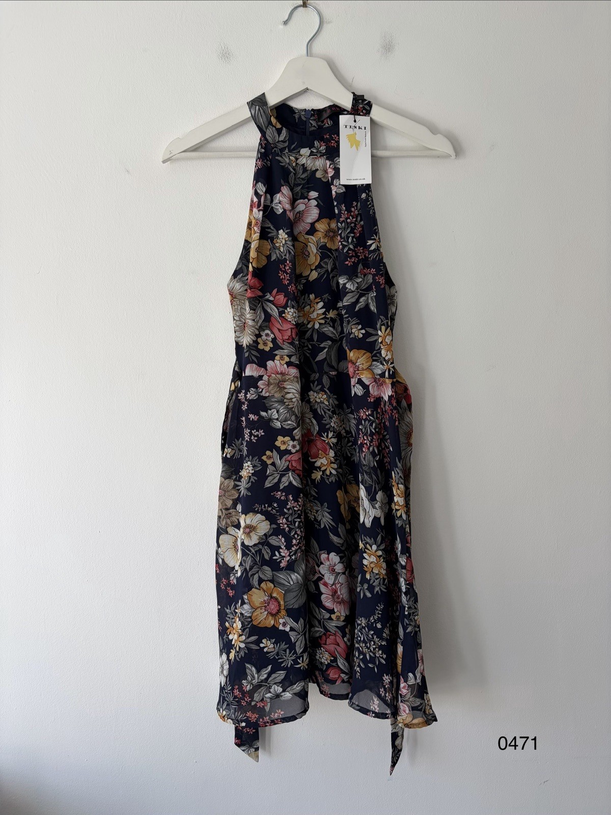 Tenki Floral Halterneck Dress – Navy Blue – Size UK 8 (EU 36)