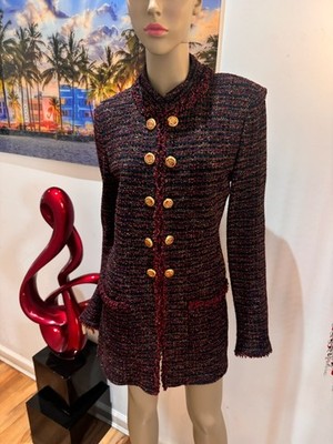 St. John red jacket blazer  embellished buttons 12 Large tweed career