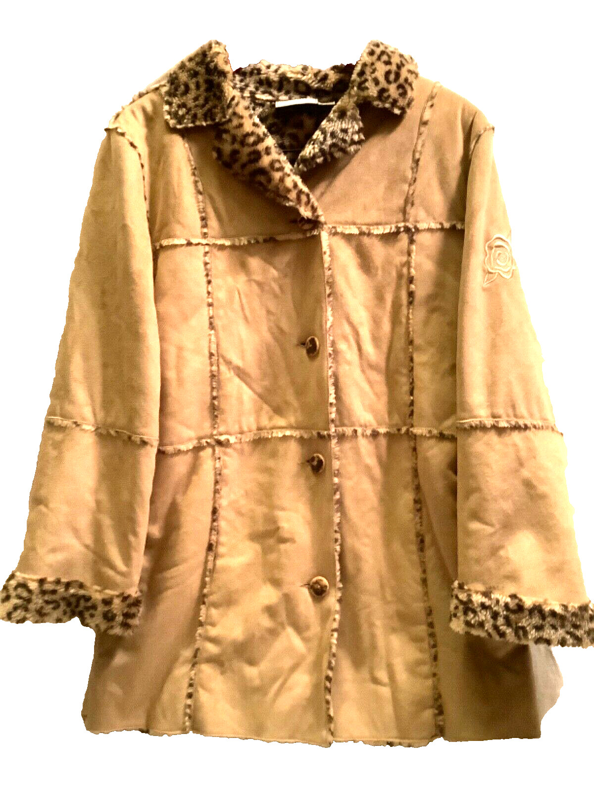 Patchwork Coat W/Embroidery Microsuede Leopard Xl… - image 2