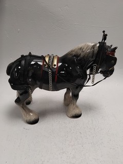 Vintage Ceramic Shire Horse Figurine with Harness and Chains 12in Long Preloved