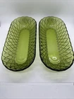 Set of 2 Vintage Indiana Glass Avocado Green 10” Basketweave Dishes Oval Bread
