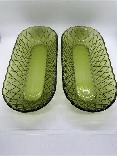 Set of 2 Vintage Indiana Glass Avocado Green 10” Basketweave Dishes Oval Bread
