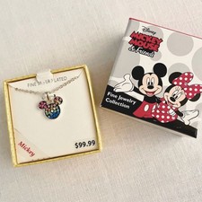 Disney Mickey Mouse Necklace 18in Silver Plated Brass Rainbow Crystal