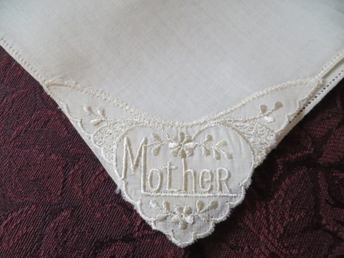 VTG hanky handkerchief MOTHER linen embroidery off white wedding Christening - Picture 4 of 4