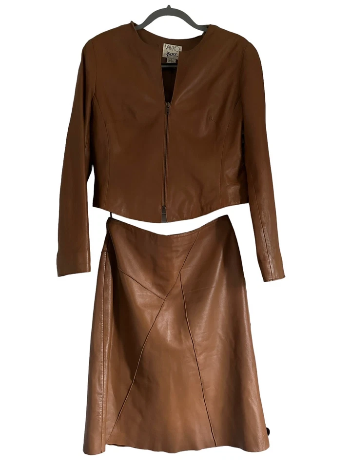Vintage Vakko Sport Genuine Leather Skirt A-Line SIZE 8 Zip Blazer SIZE L - Image 3 of 4