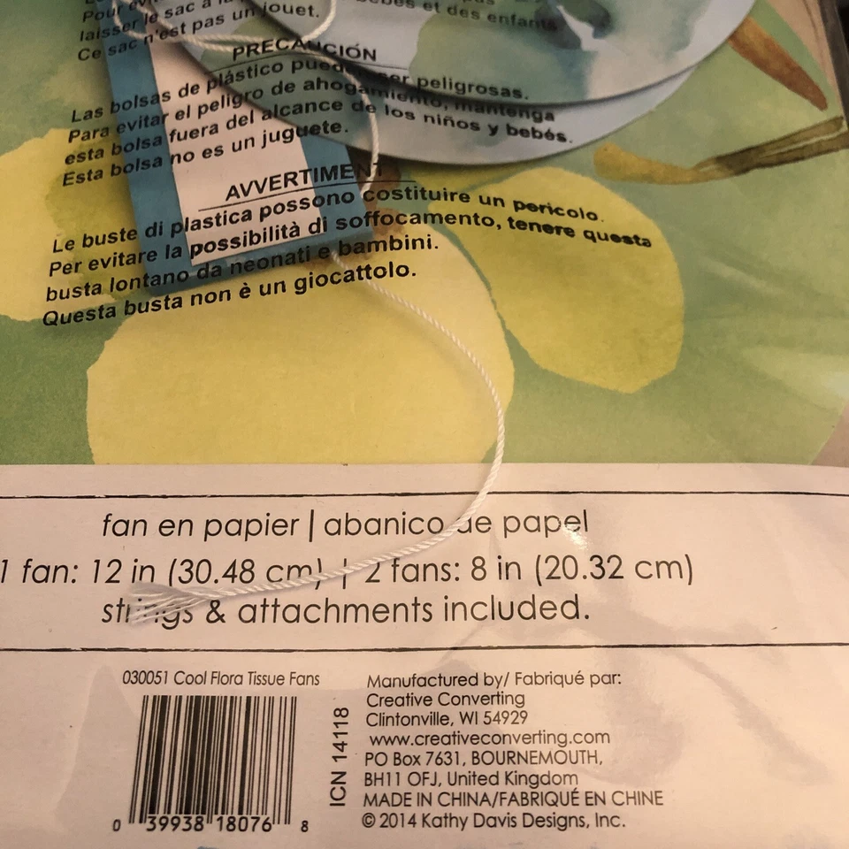 3 Kathy Davis dangling Decorative Tissue Fans 12" 8" aqua blue lime green floral - Image 3 of 3