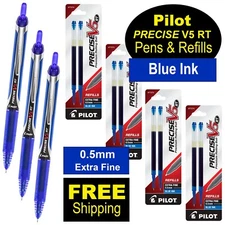 Pilot Precise V5 RT, 3 Pens With 4 Packs of Refills, Blue Ink, 0.5mm X-Fine