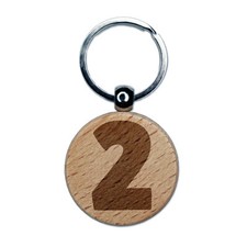 Number 2 Two Fun Bold Font Engraved Wood Round Keychain Tag Charm