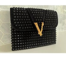 Versace Virtus Suede Crystal Clutch Black Studded Evening Bag Crossbody