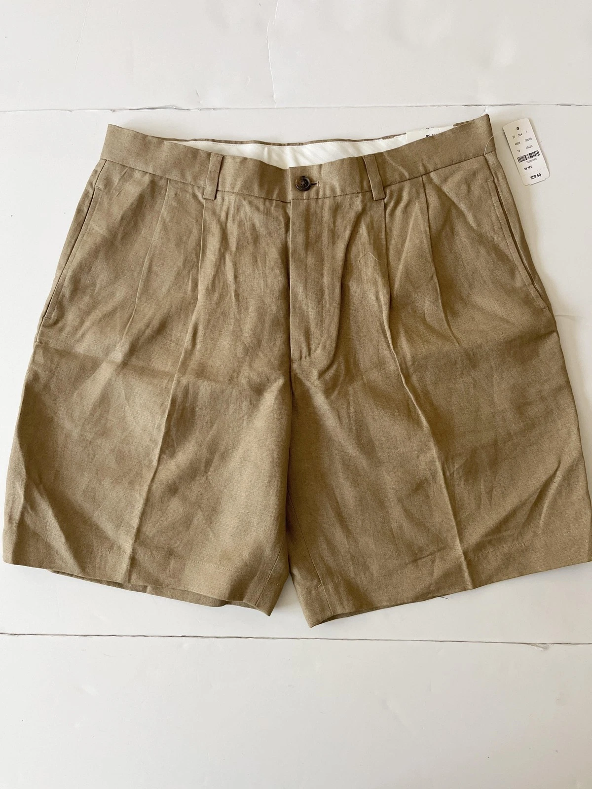 Brooks Brothers Shorts Mens 36 Beige Linen Chino 9 Inseam Pleated Casual Summer