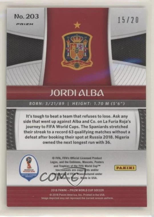 2018 Panini Prizm World Cup Camo Prizm /20 Jordi Alba #203 - Image 2 of 2
