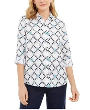 MSRP $70 Charter Club Printed Linen-Blend Shirt White Size Large