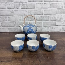 VTG Japanese Blue White Gold Porcelain Tea Set Teapot With 6 Cups Made in Japan