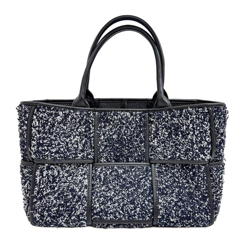 BOTTEGA VENETA Small Arco Maxi Intrecciato Navy Blue & White Tweed Hand Tote Bag