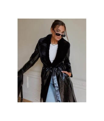 Danielle Bernstein Womens Faux-Fur Long Faux-Leather Jacket, Black, Large