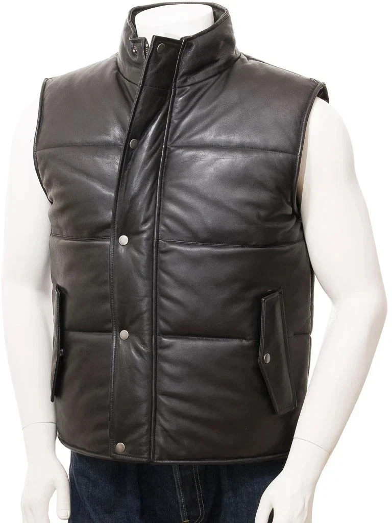 Men's Puffer Quilted Lamb Leather Vest Black Leather Gilet Winters Leather Vest