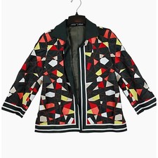 Vintage Linda Allard Ellen Tracy 100 Linen Blazer Womens 6P Black Geometric 90s