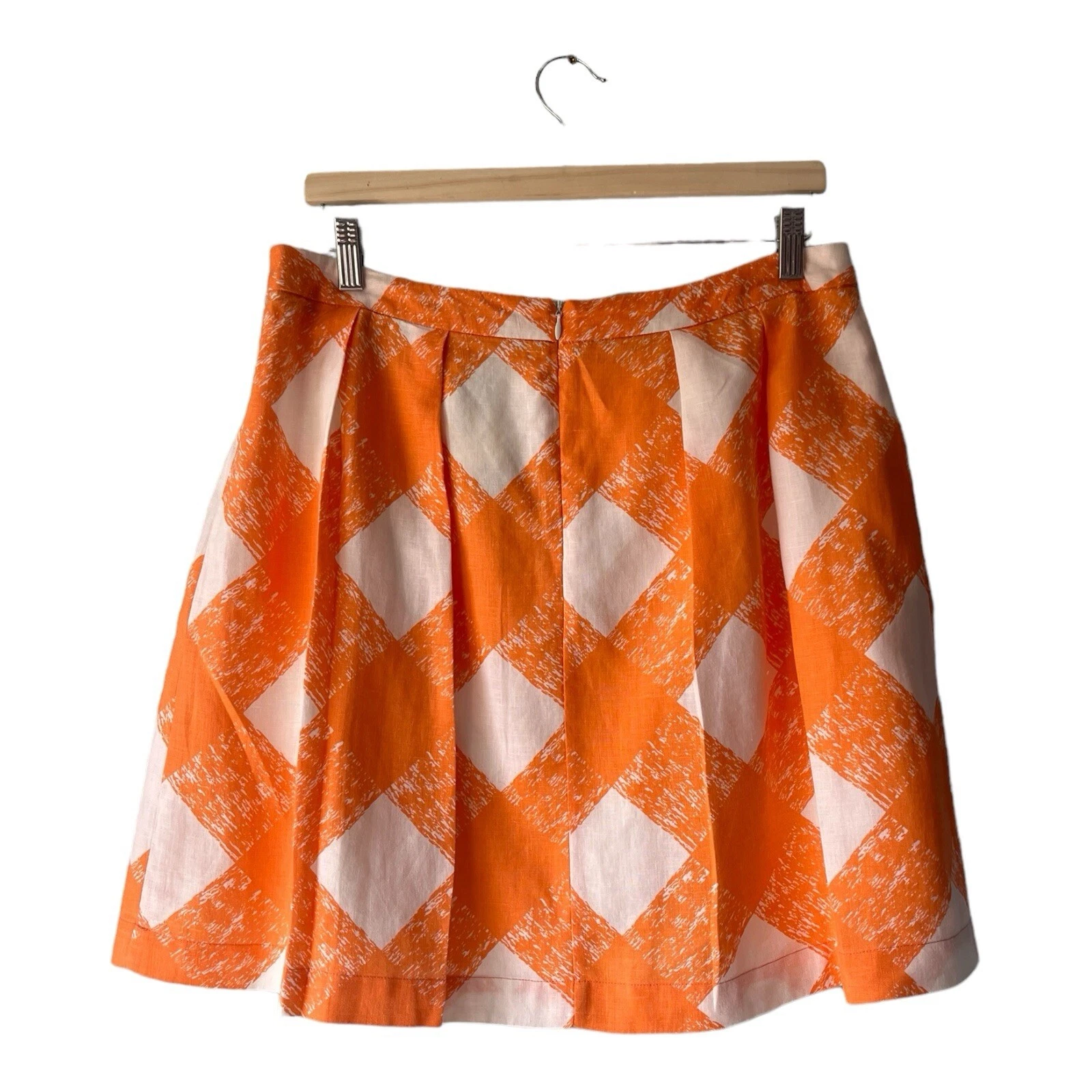 Boden Linen Skirt Size 14 Dopamine Orange & White Pleated Check A Line New NWT