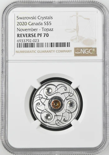 2020 Canada Birthstones Topaz Swarovski Crystal $5 Silver Coin - NGC PF70 - F14