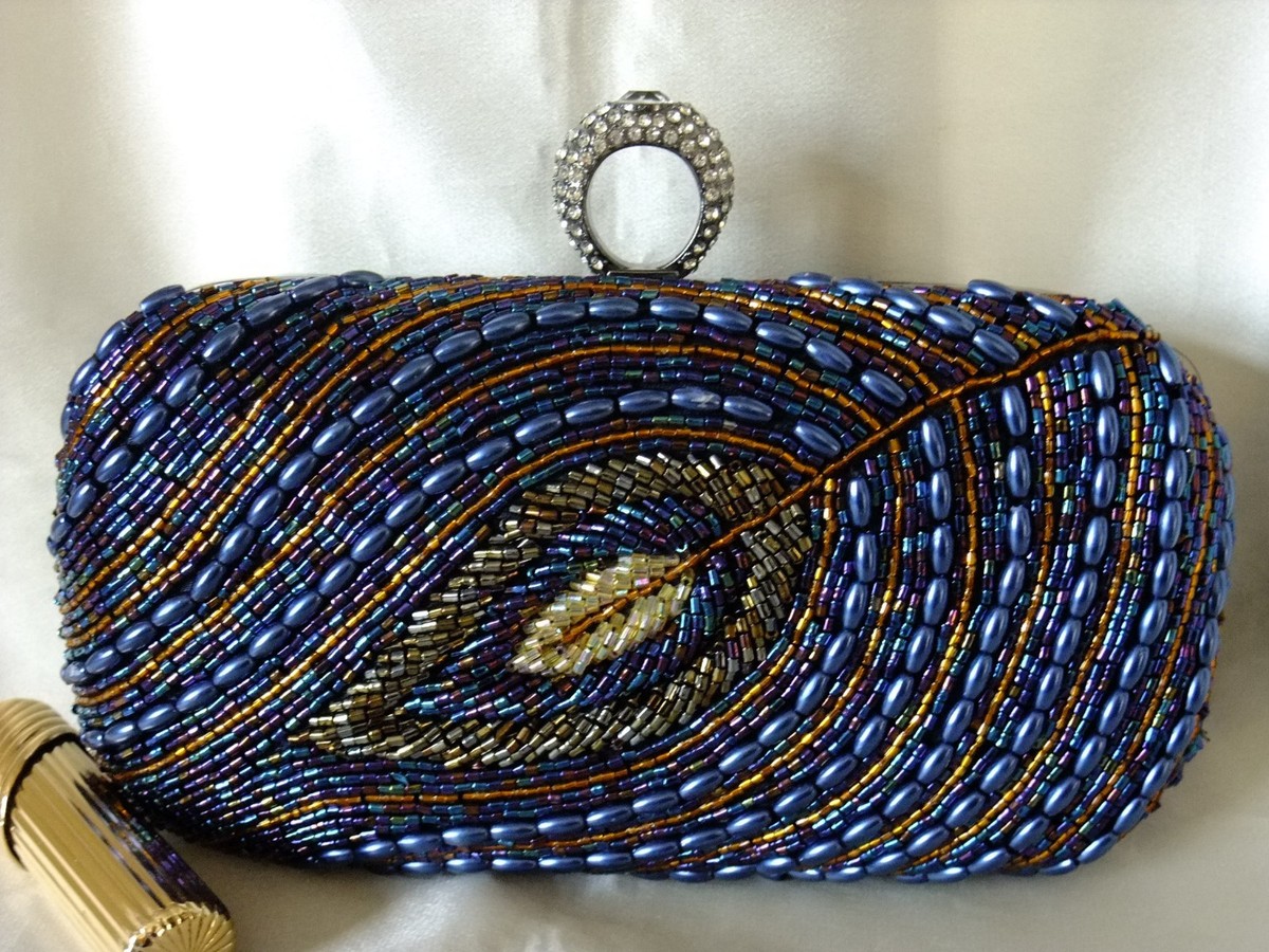 VINTAGE LOOK DARK BLUE FULLY BEADED RHINESTONED RING EVENING