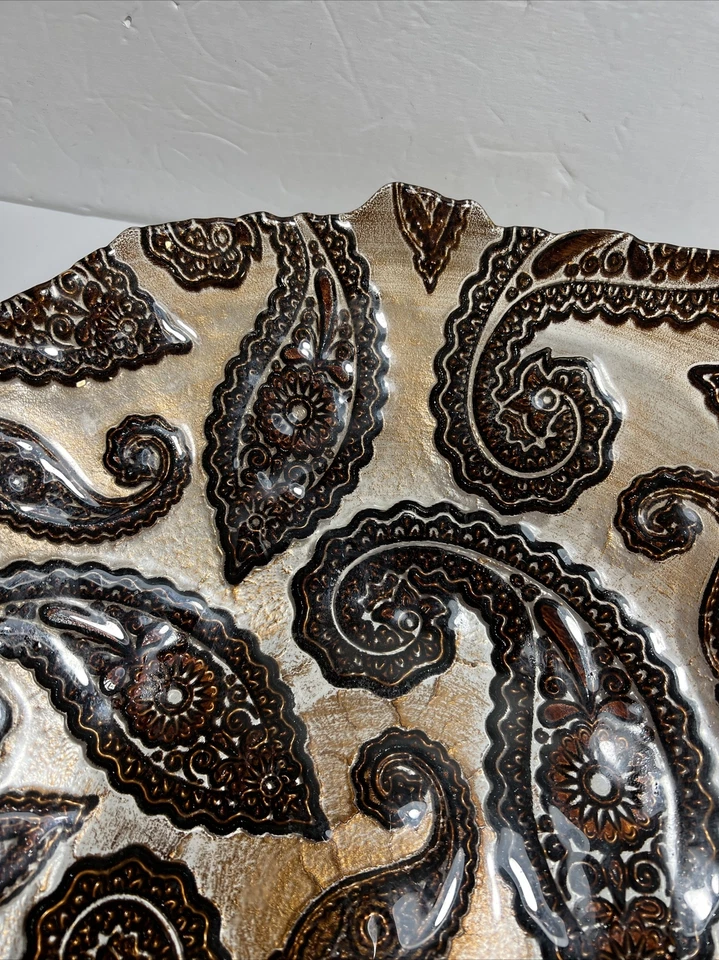 Plato de vidrio grande cobre estampado cachemira pieza central decorativa 15 pulgadas cuenco Foto 3 de 4