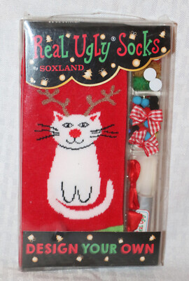 Design Your Own Real Ugly Christmas Socks ~Cat Theme~ Size 9 to 11 by Soxland