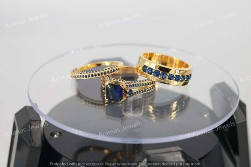 4.00Ct Simulated Sapphire His & Her Trio Wedding Ring Set 14K Yellow Gold Plated - Picture 3 of 7