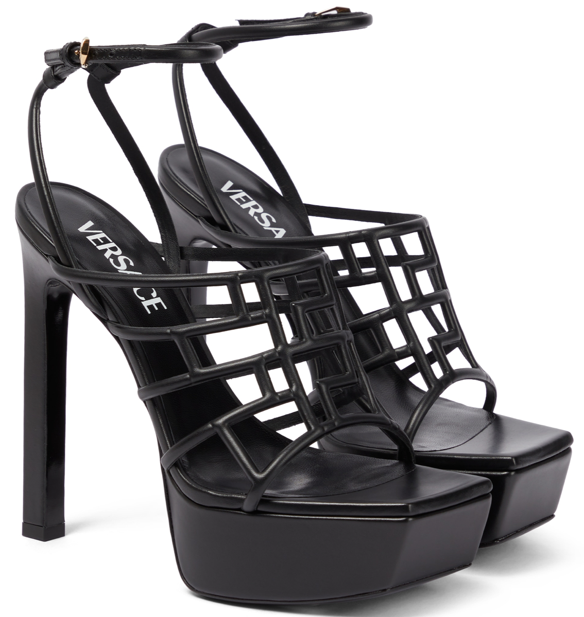 NIB Versace Greca Maze Greek Key Black Strappy Platform Sandals